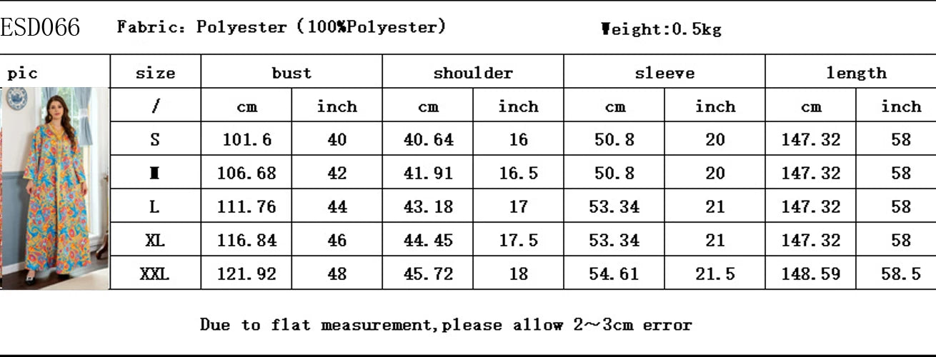Elegant Ethnic Print Abaya Maxi Dress for Women – Muslim Jalabiya Modest Kaftan for Spring & Autumn