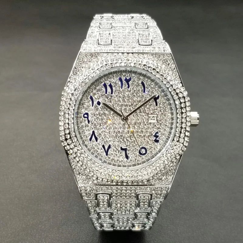 MISSFOX Luxury Diamond Iced Out Men's Quartz Watch, Arabic Numerals Waterproof