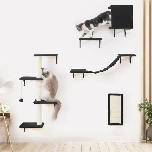 5-Piece Wooden Cat Wall Furniture Set with House, Bridge, Tree, Steps & Scratcher – Black