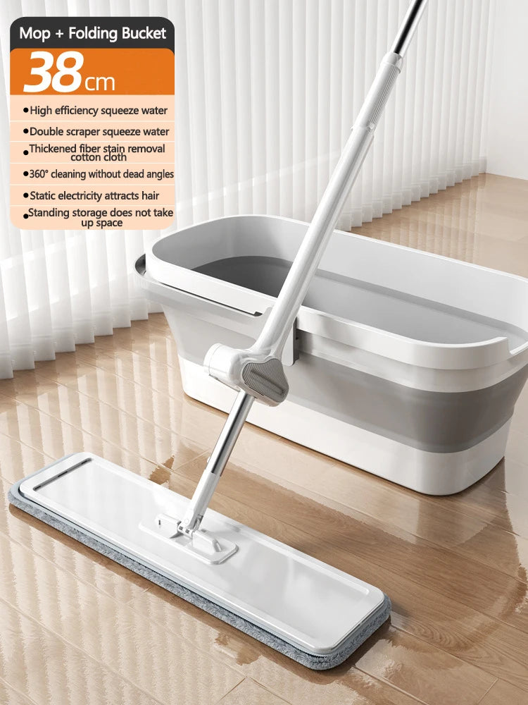 38 cm Microfibre Flat Mop and Folding Bucket Set with 360° Rotating Head