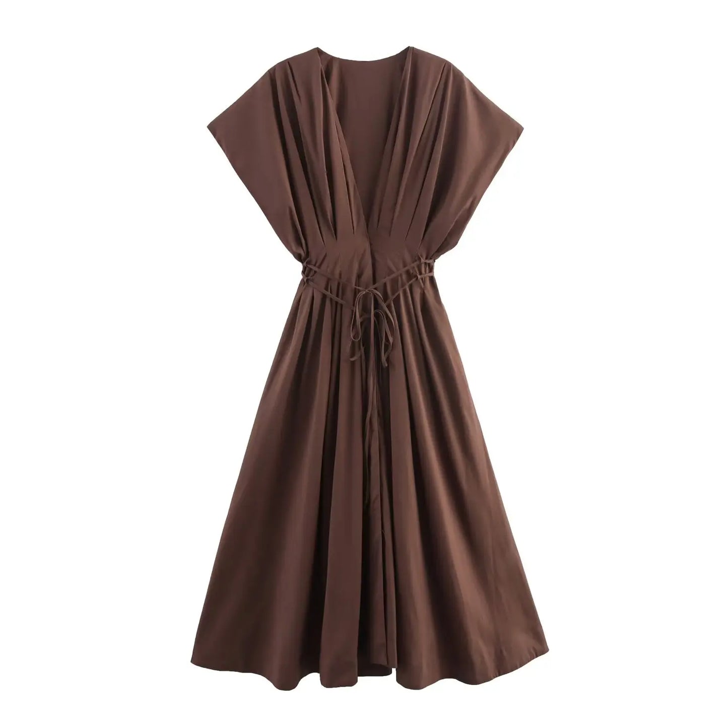 Women's Elegant V-Neck Long Dress – Short Sleeve Lace-Up Bow Waist Casual Dress