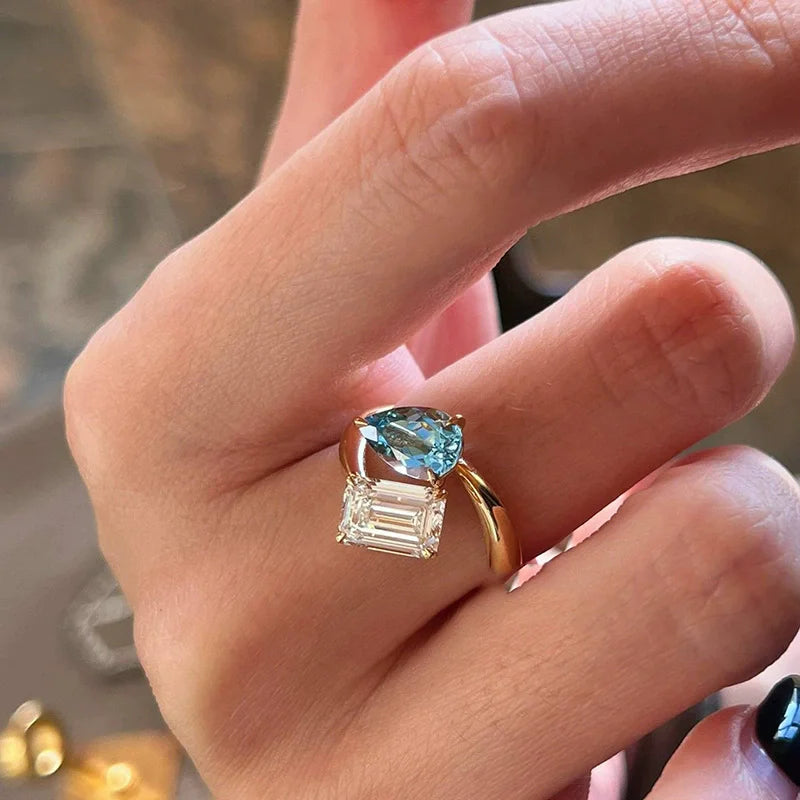xiyanike Women's Adjustable Blue and Clear Zircon Two-Stone Ring, Geometric Open-Band Cocktail Jewelry