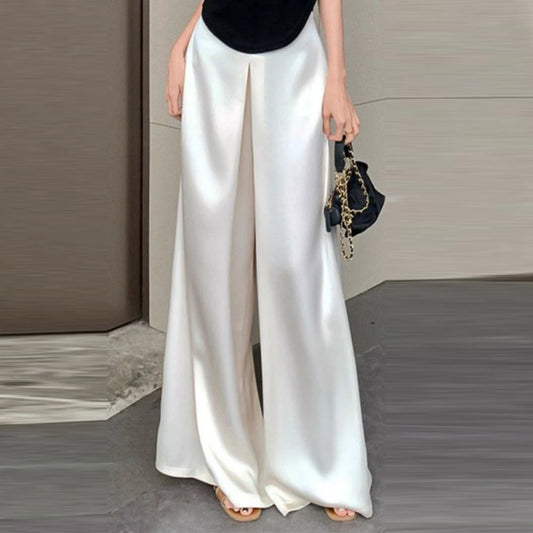 Women's High-Waisted White Satin Wide-Leg Pants – Elegant Floor-Length Spring/Summer Trousers