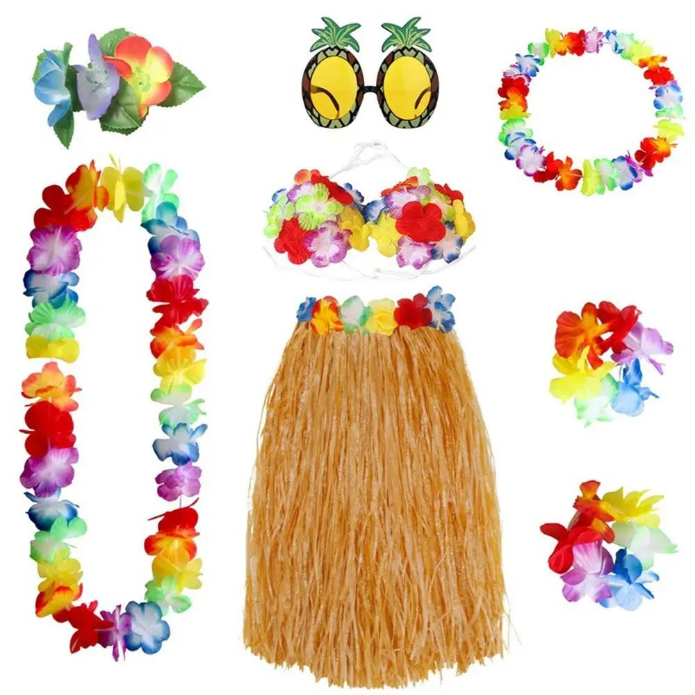 8-Piece Hawaiian Hula Costume Set – Grass Skirt, Flower Lei Necklace, Headband, Anklets & Bracelets for Parties and Dress-Up