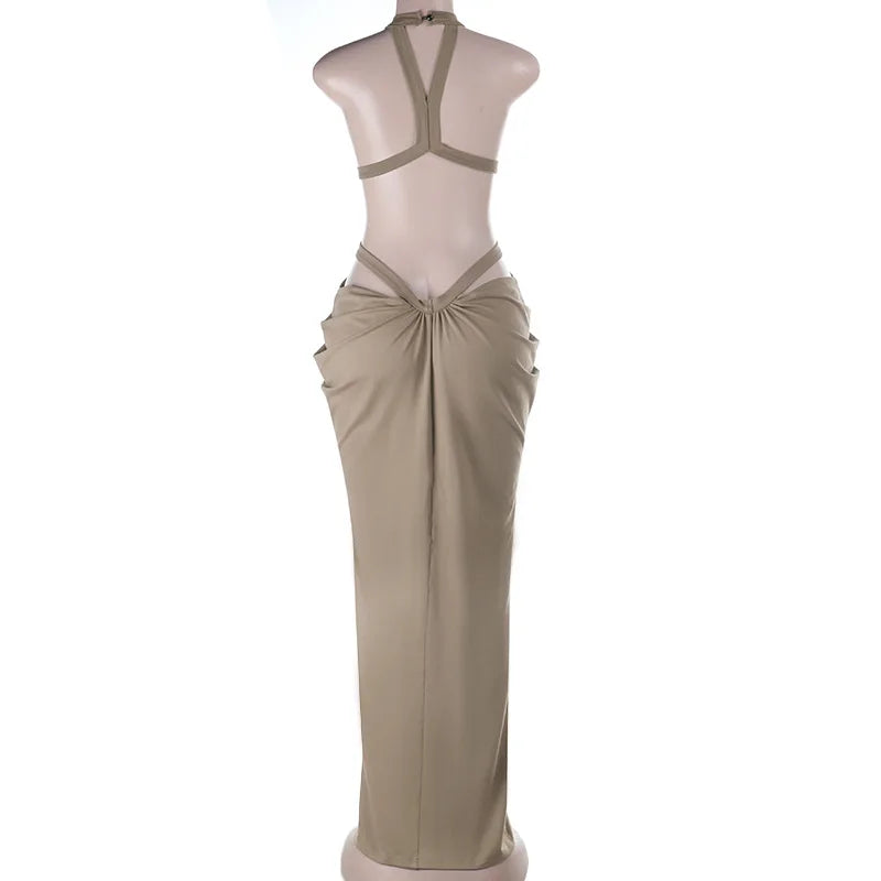 Women's Halter Cut-Out Backless Maxi Dress, Sleeveless Floor-Length