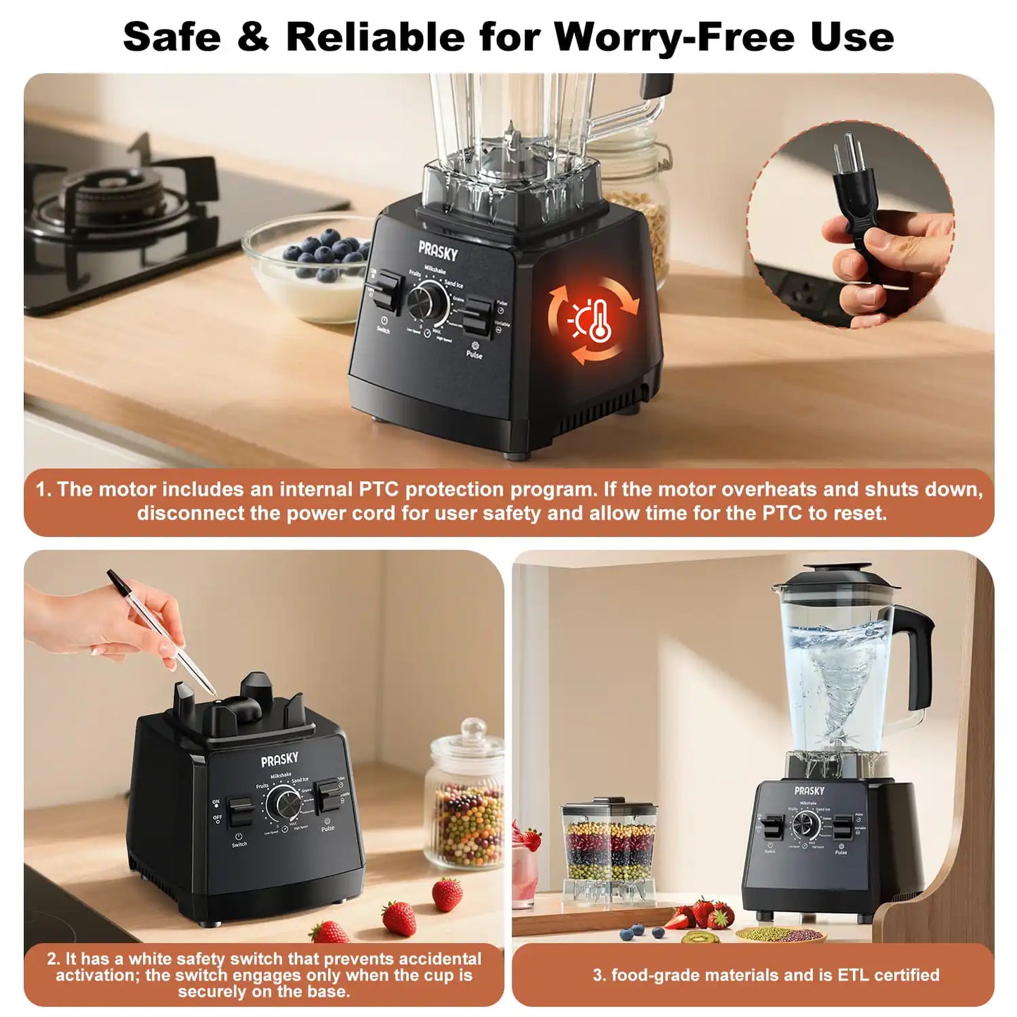 PRASKY 2400W Professional Blender & Grinder Combo – 25,000 RPM High-Speed Kitchen Blender, 68oz BPA-Free Pitcher, 2 Containers, Ice Crusher for Smoothies, Shakes & Frozen Drinks