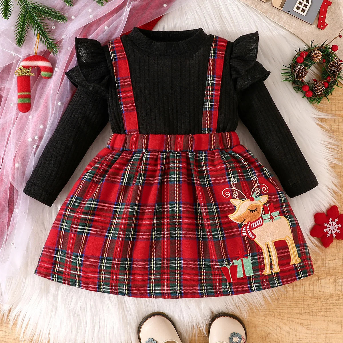 Baby Girl New Year Dress – Green Christmas Tree Print Outfit, “My First New Year” Costume for Newborns & Toddlers