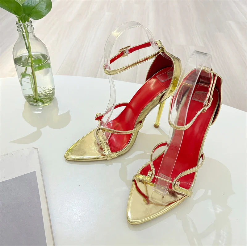 Women's Fashion Ankle Strap Heels – Open Toe Stiletto Sandals with Metal Detail | Party & Clubwear