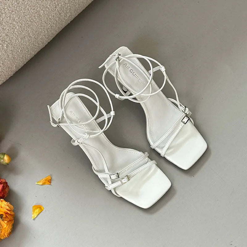 Women's Thin Heel Sandals – Ankle Buckle, Square Toe, Shallow Pumps, Fashion High Heels Footwear