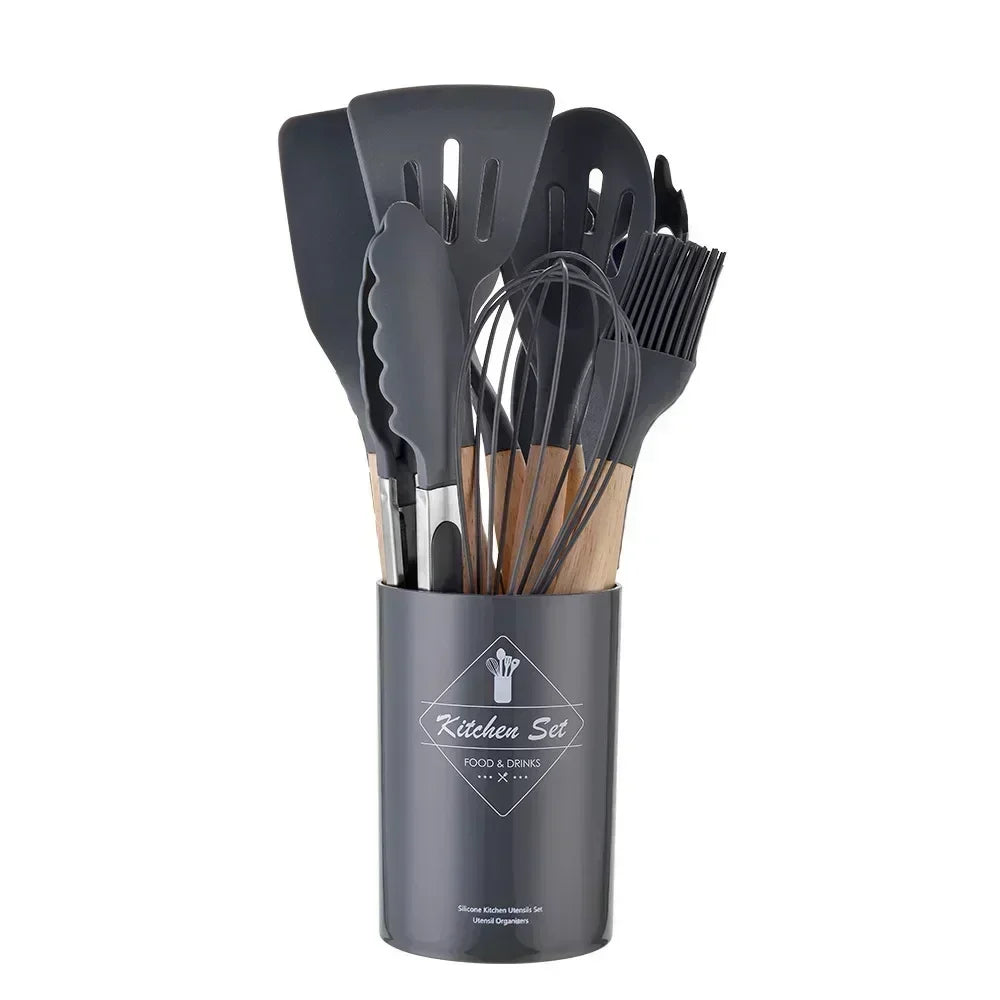12-Piece Non-Stick Silicone Cooking Spoon Set with Wooden Handles – Heat-Resistant Kitchen Utensils with Storage Container | Ideal for Home & Professional Use