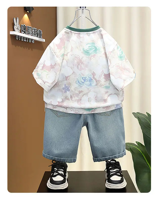 2025 Kids Clothing Boys' summer outfit set new stylish children's short sleeved letter T-shirt denim shorts 2-piece set