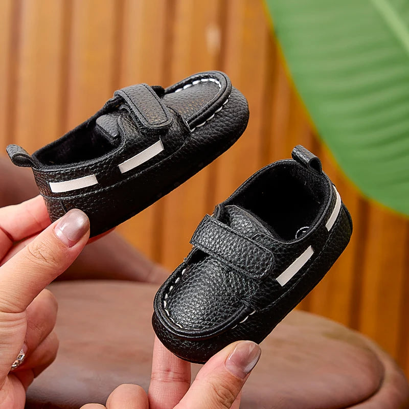 Baby Soft-Sole Loafer Shoes with Hook-and-Loop Straps, PU Leather Prewalker Moccasin Style