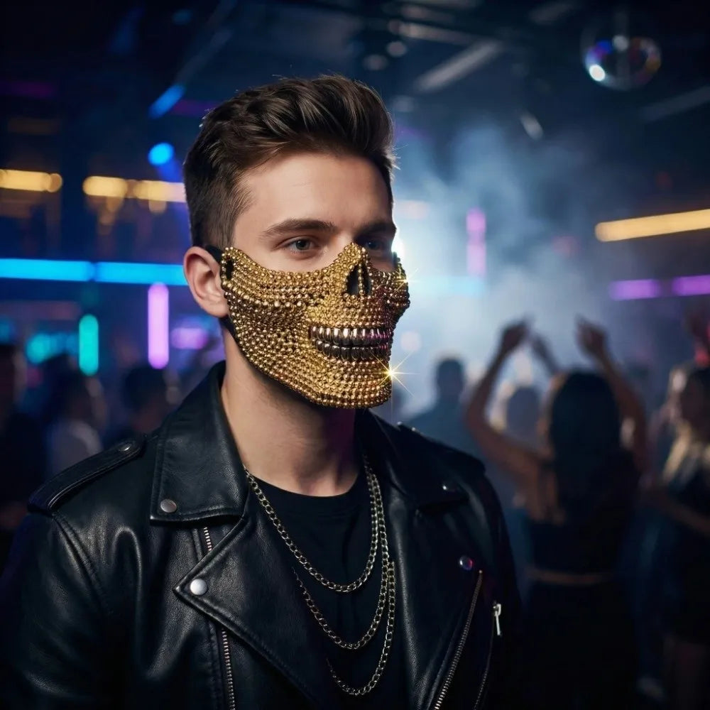 Rhinestone Skull Half-Face Costume Mask for Adults, Sparkling Gothic Punk Masquerade Accessory for Halloween, Cosplay and Themed Parties