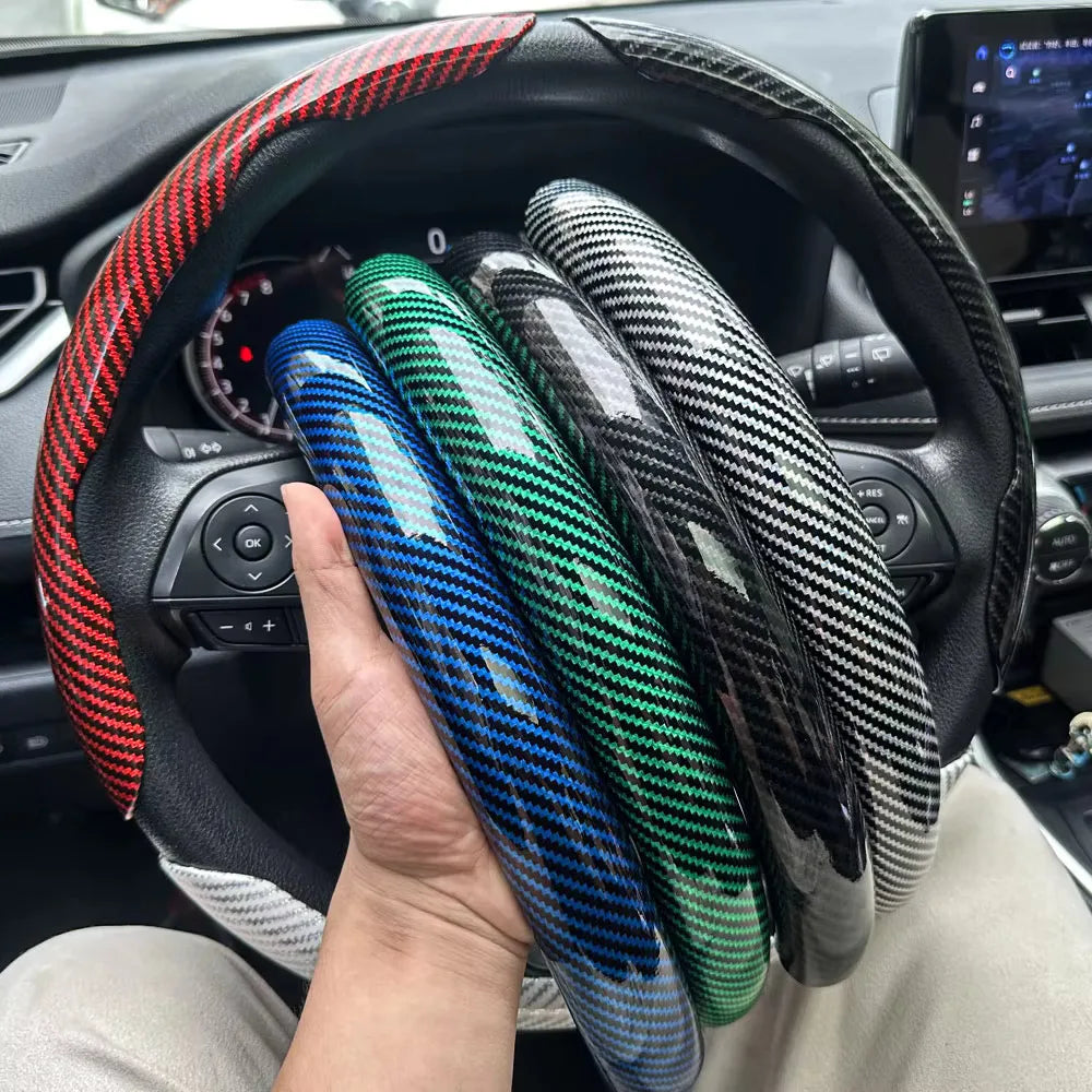 38 cm Car Steering Wheel Cover Set, 3-Piece Glossy Carbon Fiber Look Trim for Round Steering Wheels