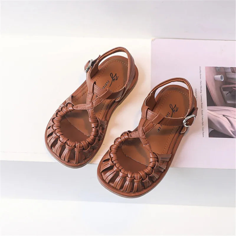 2025 New Summer Children Sandals Leather Cut-out Kids Sandals Soft Sole Non-slip Beach Shoes Fashion Girls Sandals 26-37