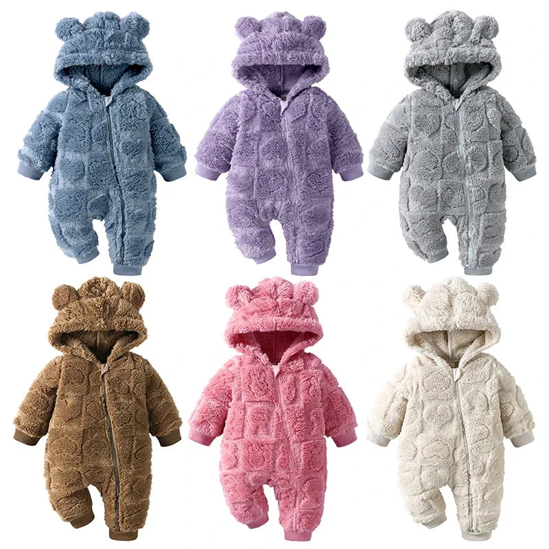 Cartoon Baby Hooded Romper – Long Sleeve Arctic Velvet Winter Outfit, Warm Newborn Clothing (0–18 Months)