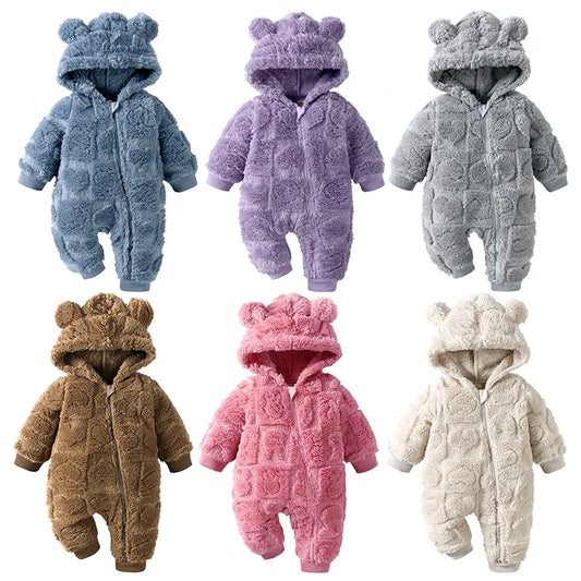 Cartoon Baby Hooded Romper – Long Sleeve Arctic Velvet Winter Outfit, Warm Newborn Clothing (0–18 Months)