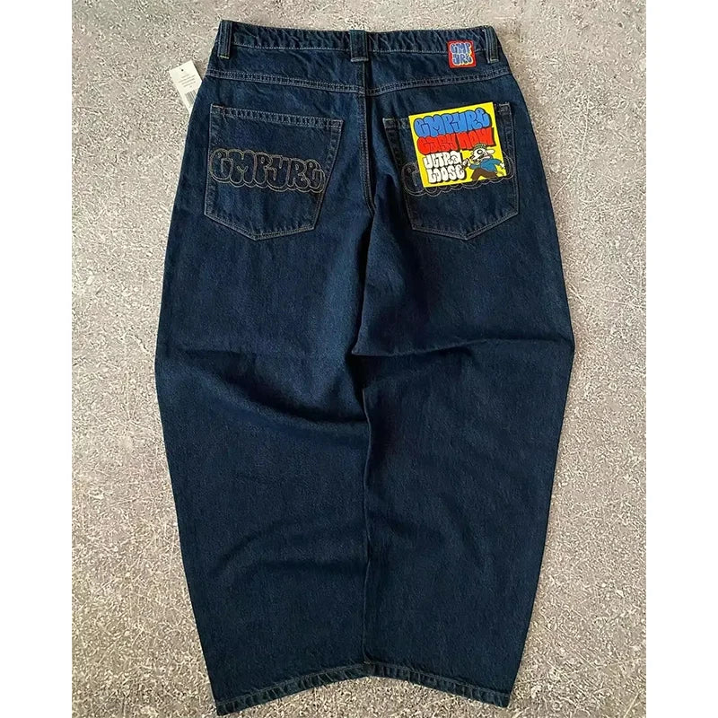 Embroidered Denim Jeans with Cherry Blossom, Dragon and Graphic Designs