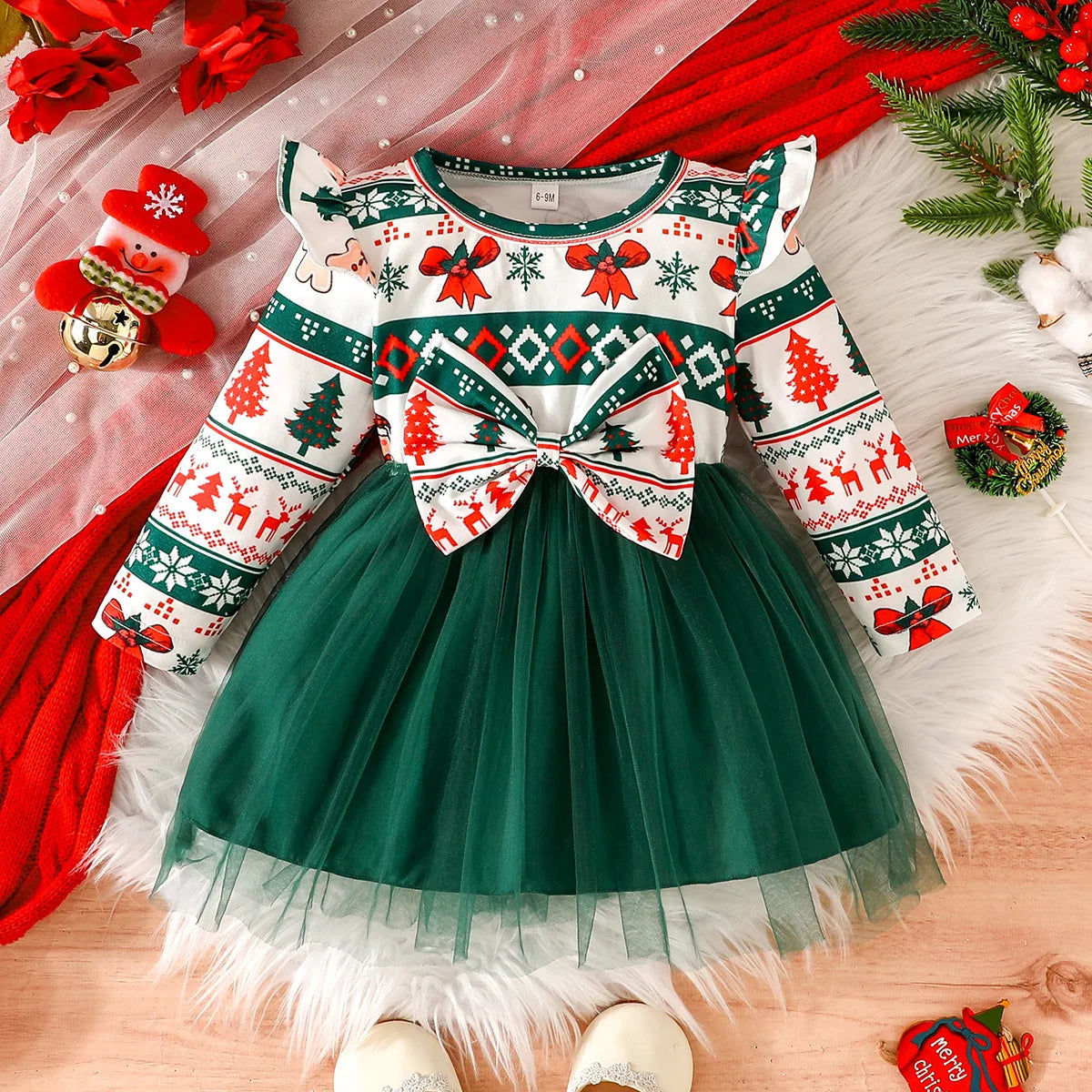 Baby Girl New Year Dress – Green Christmas Tree Print Outfit, “My First New Year” Costume for Newborns & Toddlers