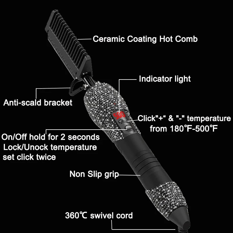 Electric Hot Comb Hair Straightener with Rhinestone Design and LCD Display