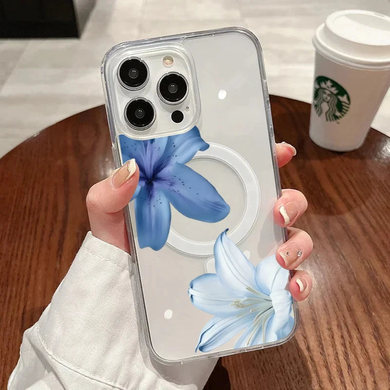 Elegant Blue Lily Pattern Silicone Phone Case