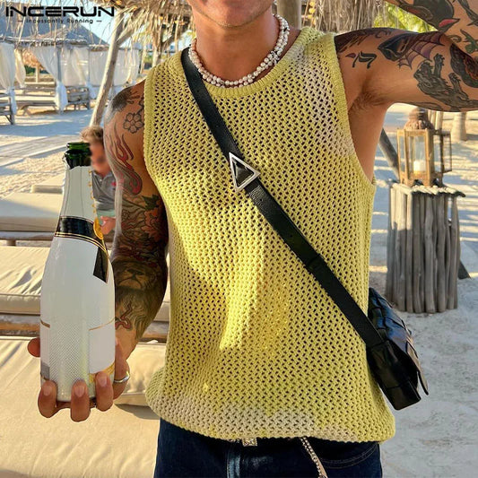 INCERUN 2024 American Style Men's Solid Hollow O-neck Design Vests, Leisure Streetwear Sleeveless T-shirt Tank Tops (S-2XL)