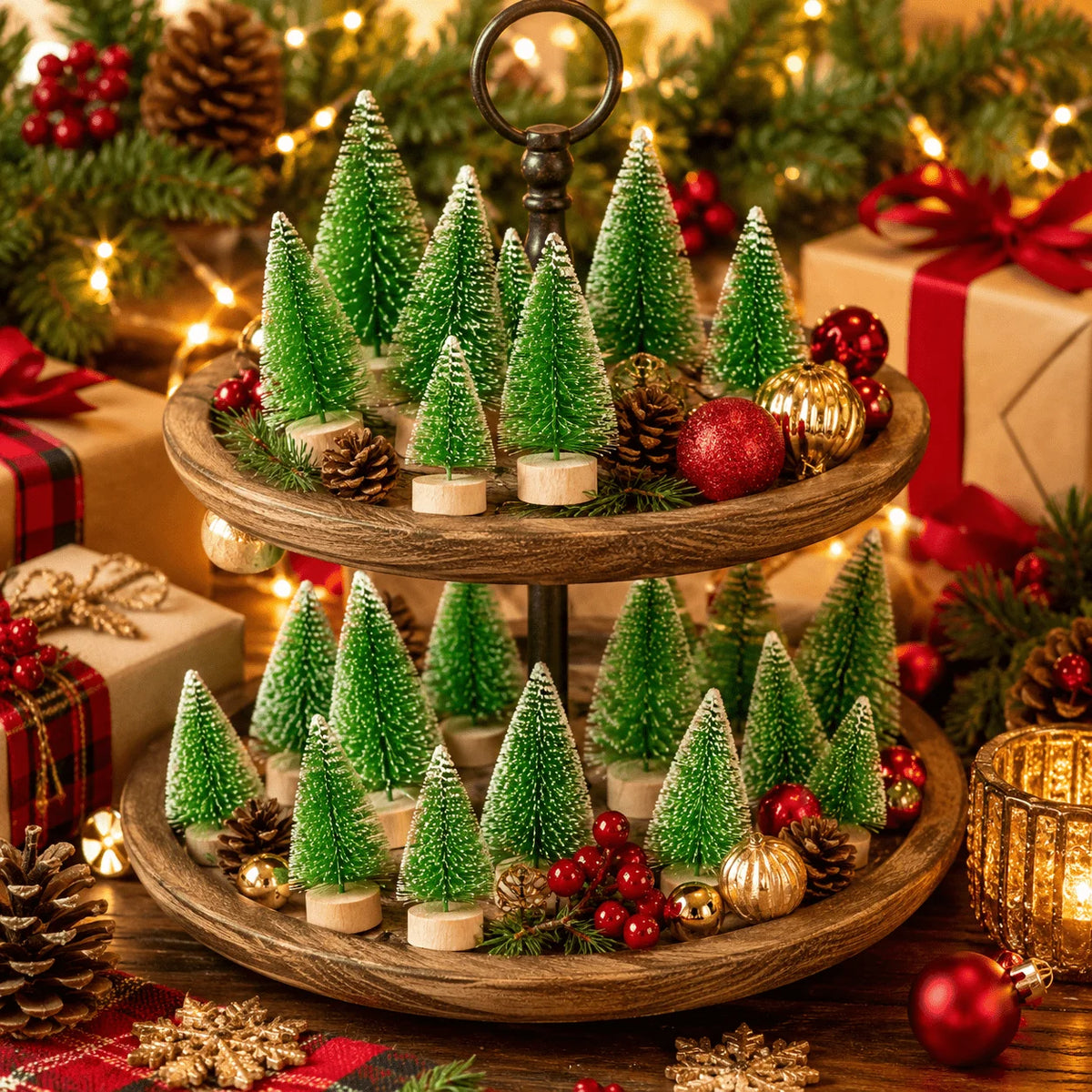 50-Piece Mini Snow-Flocked Bottle Brush Christmas Tree Set with Wooden Bases for Holiday Villages, Tabletop Displays and DIY Winter Crafts
