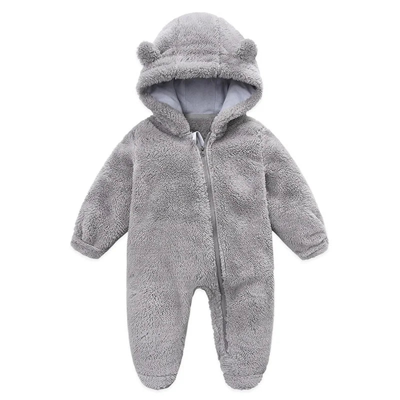 Infant Hooded Winter Romper – Long Sleeve Zipper Jumpsuit for Babies (0–12 Months)