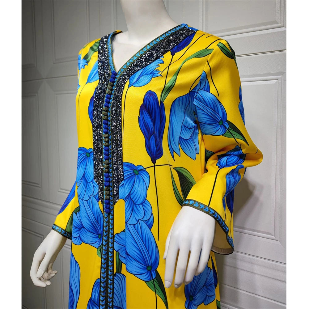 Elegant Ethnic Print Abaya Maxi Dress for Women – Muslim Jalabiya Modest Kaftan for Spring & Autumn