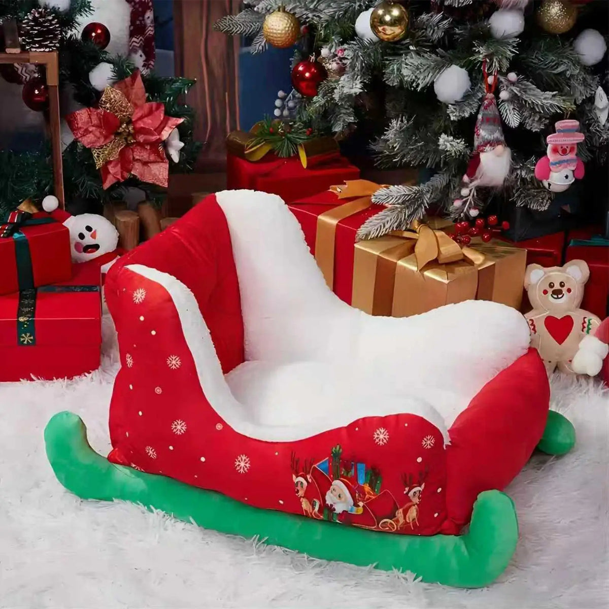 Christmas Sleigh-Shaped Cat and Dog Bed with Soft Plush Lining and Raised Sides, Festive Indoor Pet Sleeping Nest