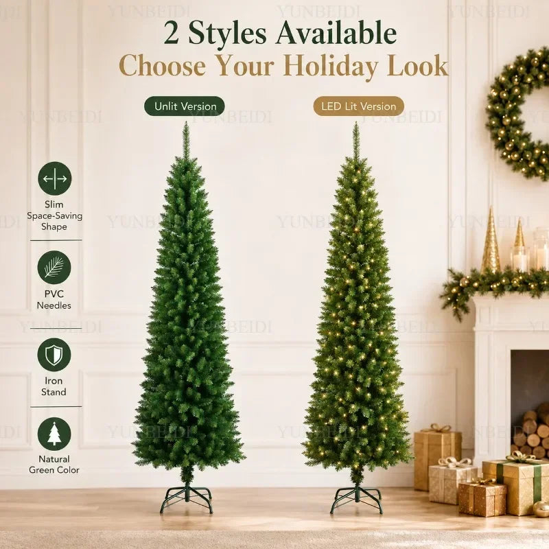 Slim Pencil Artificial Christmas Tree with Metal Stand, 120–210 cm Green PVC Tree with Optional Warm White USB Lights