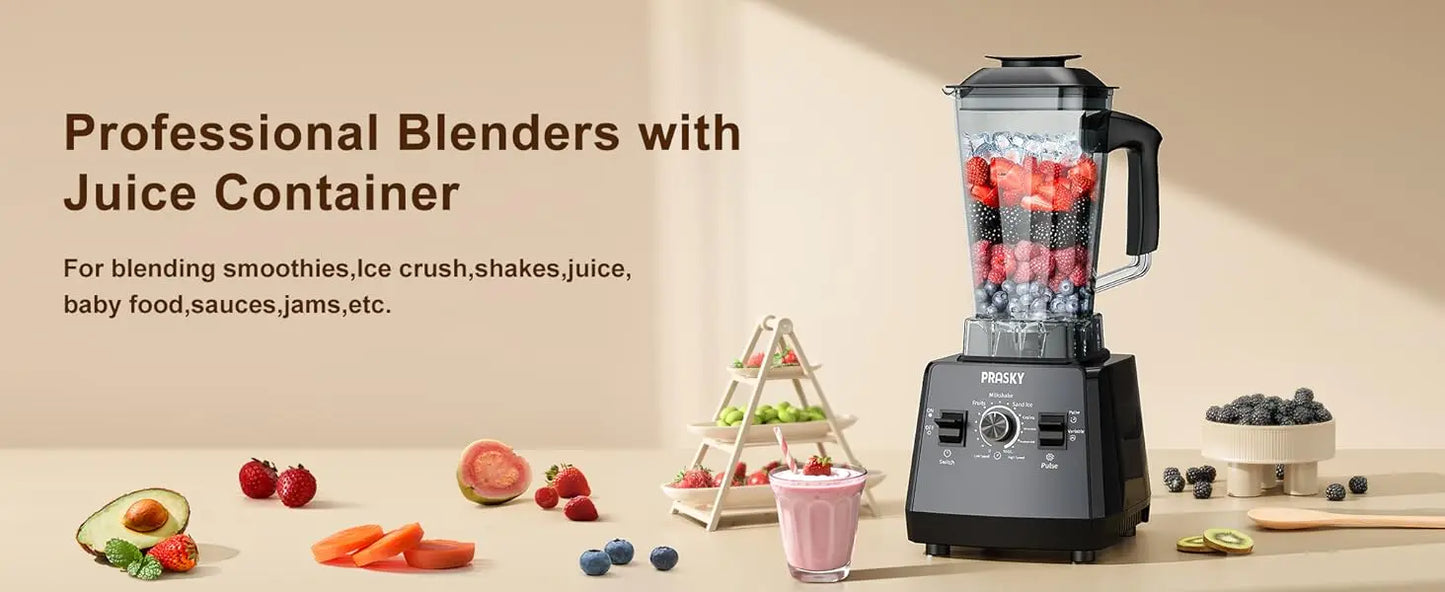 PRASKY 2400W Professional Blender & Grinder Combo – 25,000 RPM High-Speed Kitchen Blender, 68oz BPA-Free Pitcher, 2 Containers, Ice Crusher for Smoothies, Shakes & Frozen Drinks