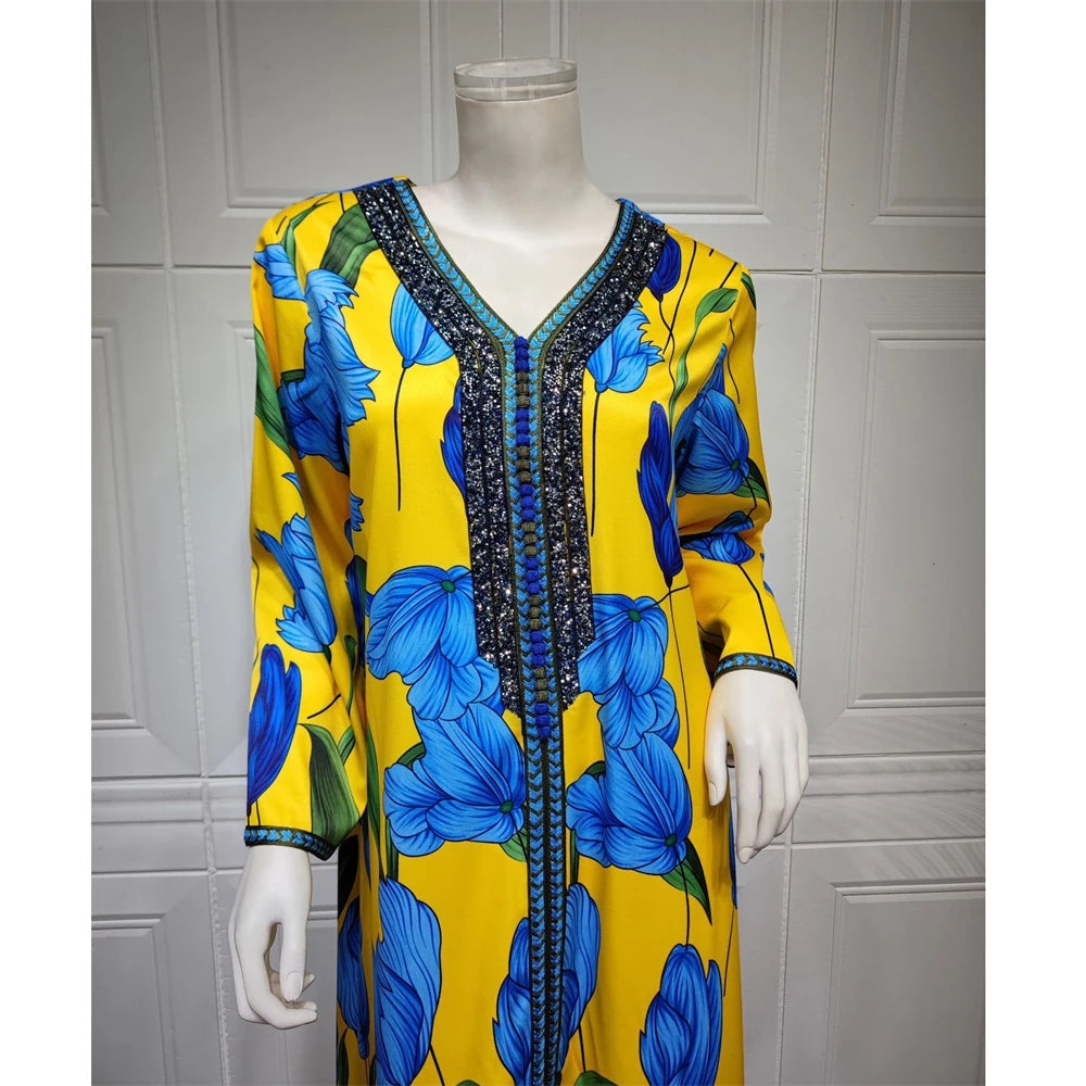 Elegant Ethnic Print Abaya Maxi Dress for Women – Muslim Jalabiya Modest Kaftan for Spring & Autumn