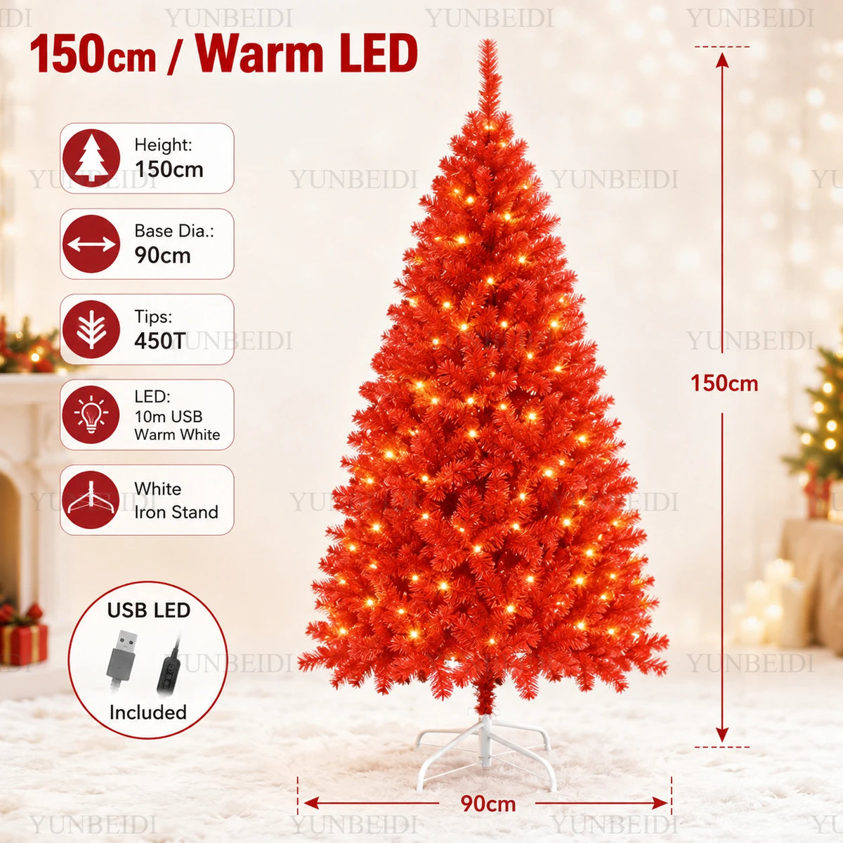 Red Artificial Christmas Tree, 120–240 cm PVC Holiday Tree with Optional Warm White USB LED Lights for Indoor Decorating