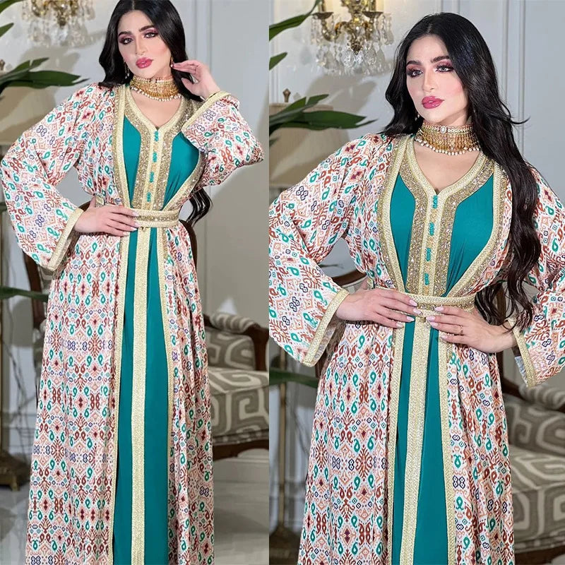 2026 Women’s Two-Piece Dress Set – Modest Islamic Long Maxi Dress, Elegant Rhinestone Embellished Outfit, Luxury Muslim Fashion for Party, Evening & Casual Wear