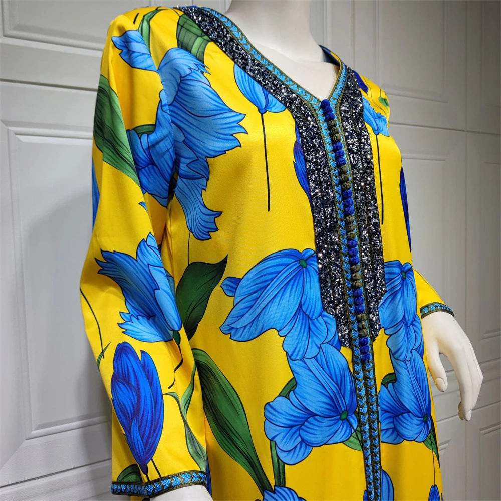 Elegant Ethnic Print Abaya Maxi Dress for Women – Muslim Jalabiya Modest Kaftan for Spring & Autumn