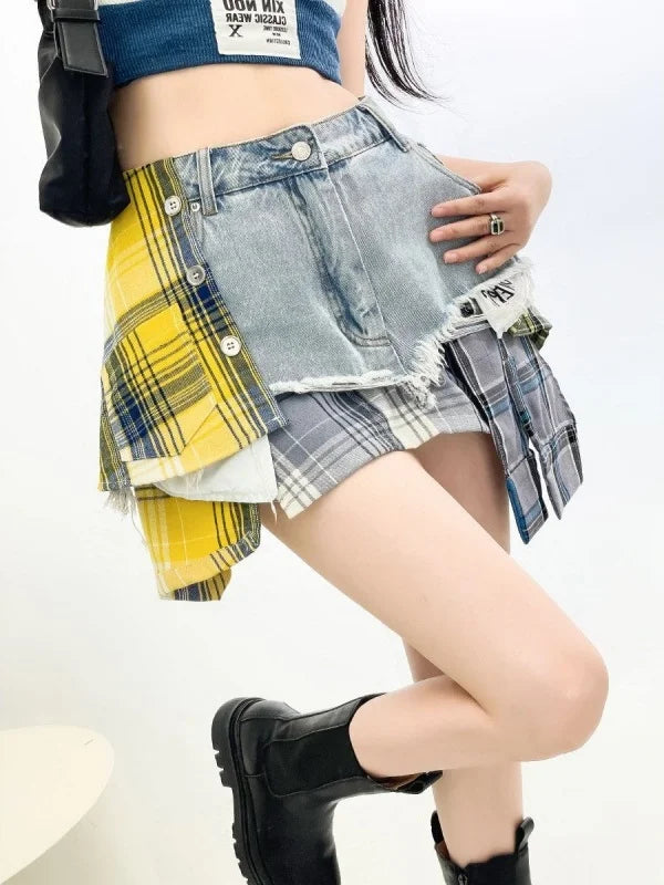 Vintage Plaid Denim Splicing Asymmetrical A-Line Mini Skirt