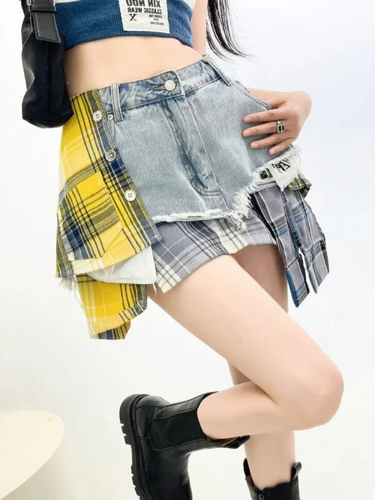 Vintage Plaid Denim Splicing Asymmetrical A-Line Mini Skirt