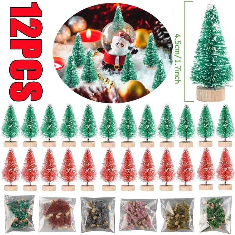 12-Piece Mini Bottle Brush Christmas Tree Set, 4.5 cm Sisal Trees with Wooden Bases for Holiday Villages, Tabletop Displays and DIY Crafts