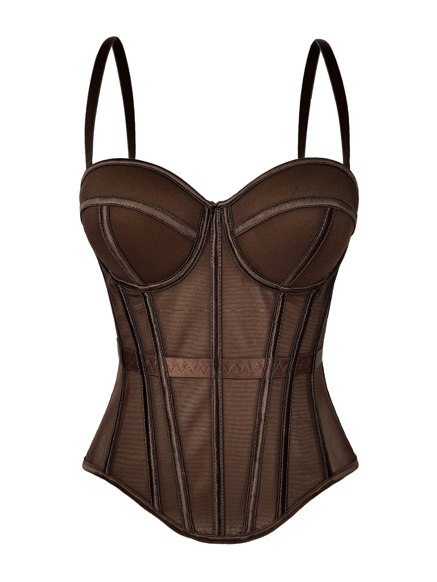 Y2K Retro Brown 2-Piece Mesh Bustier Top and Plaid Skirt Set