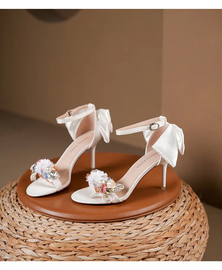 Women’s Open Toe High Heel Sandals – Satin Flower Bow, Buckle Strap, Elegant Dress & Wedding Shoes