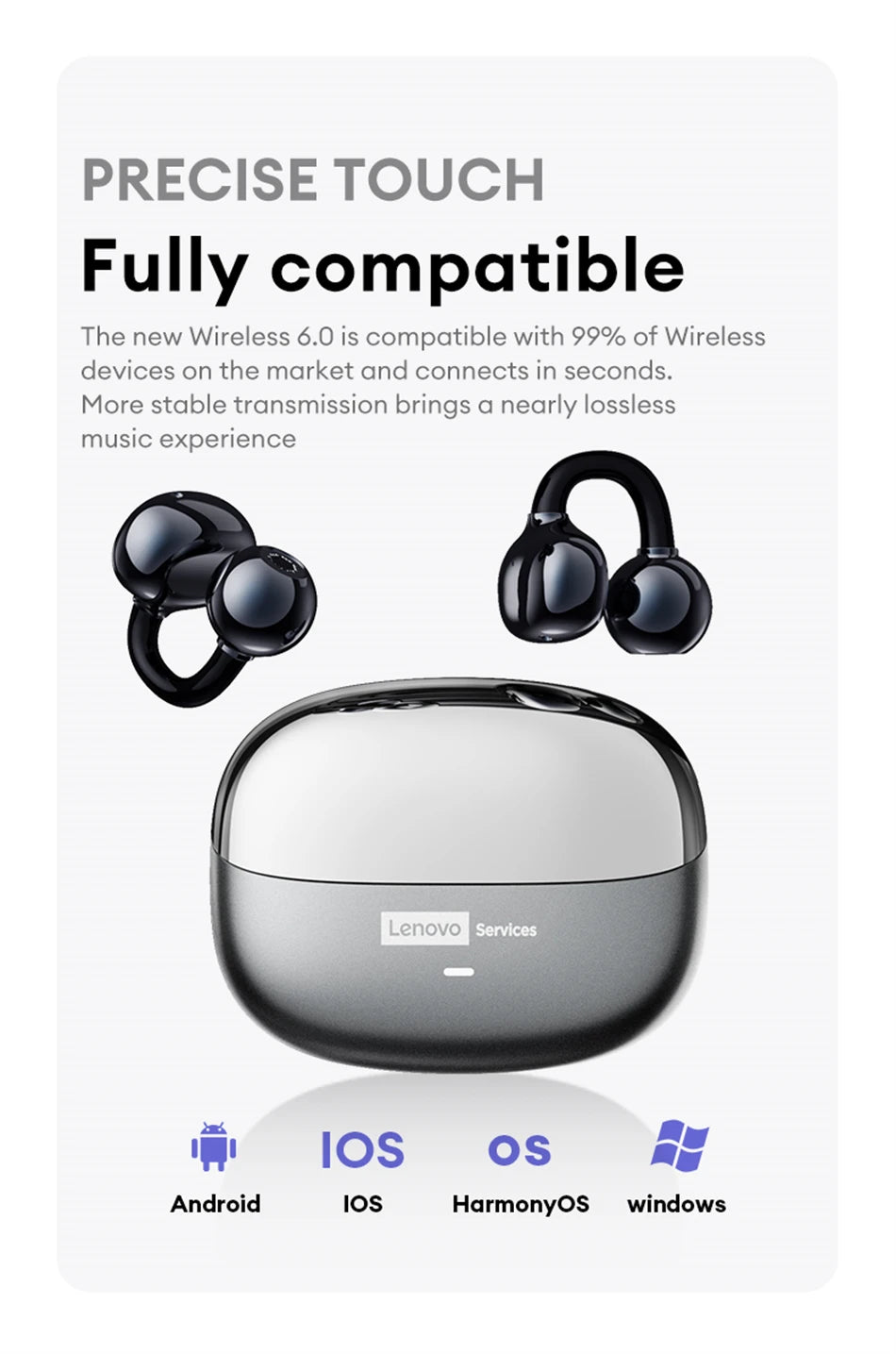 Lenovo LE302 Wireless Bluetooth 6.0 Clip-On Earbuds with HiFi Stereo Sound and Long Battery Life