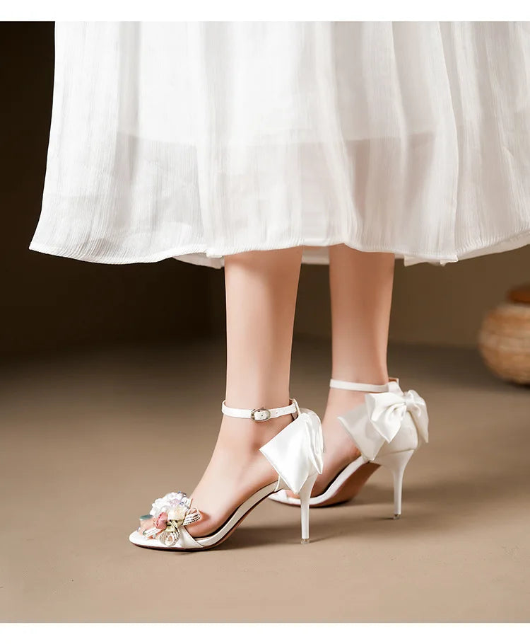 Women’s Open Toe High Heel Sandals – Satin Flower Bow, Buckle Strap, Elegant Dress & Wedding Shoes