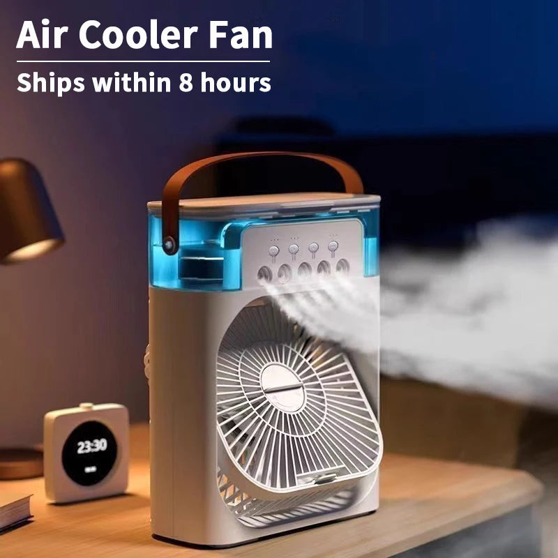 3-in-1 Mini Air Cooler Fan with Humidifier & LED Night Light – Portable USB Desktop Cooling Fan for Home & Office