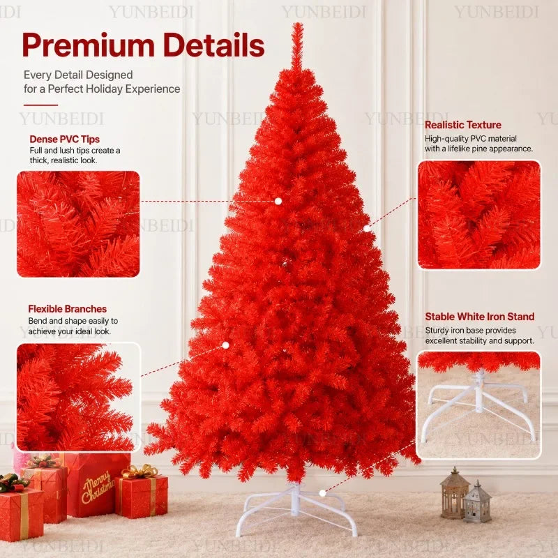 Red Artificial Christmas Tree, 120–240 cm PVC Holiday Tree with Optional Warm White USB LED Lights for Indoor Decorating