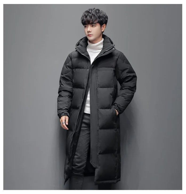 Winter Long White Down Jackets Men Women Hooded Thick Warm Over-the-Knee Puffer Jacket Man Overcoats Couple Padded Down Coat