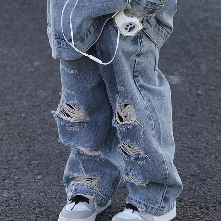 Jacket Hoodies + Jeans 2 Pcs Set Autumn Spring Vintage Children’s Clothing Boy Denim Hole Pants Kids Hooded Pullover Top