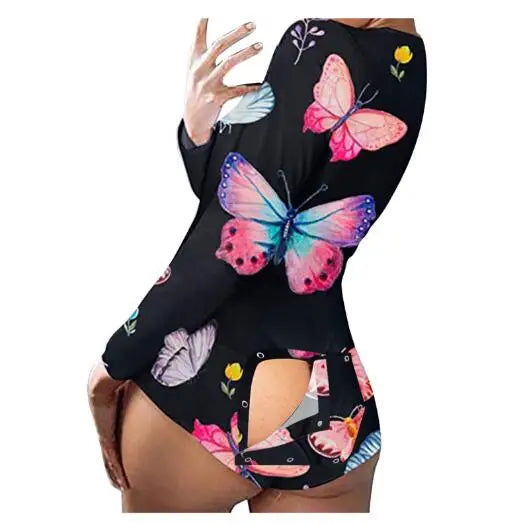 Women’s Christmas Button-Front Pajama Jumpsuit with Back Flap Holiday One-Piece Loungewear