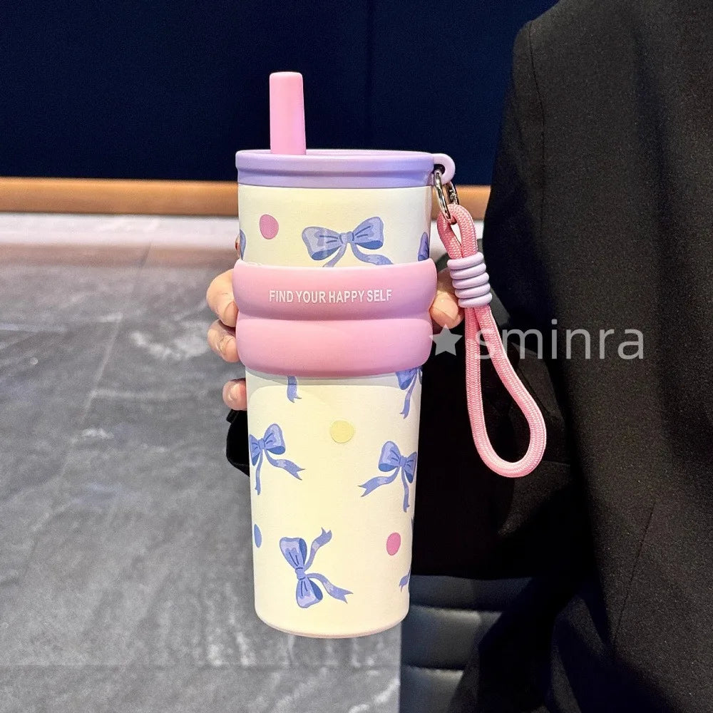 Cute Cat Bow Insulated Water Bottle with Straw – 710ml Stainless Steel Thermal Tumbler with Ceramic Lining, Travel Mug for Tea, Coffee & Cold Drinks