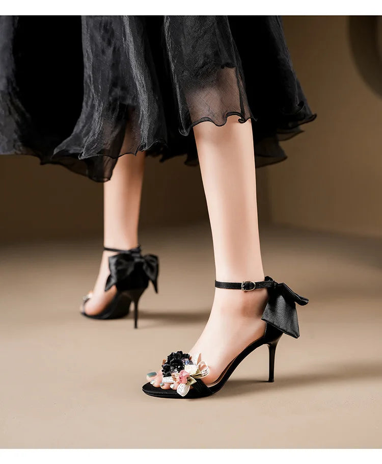 Women’s Open Toe High Heel Sandals – Satin Flower Bow, Buckle Strap, Elegant Dress & Wedding Shoes